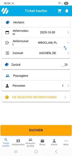Verbindung und Reisedatum auswählen